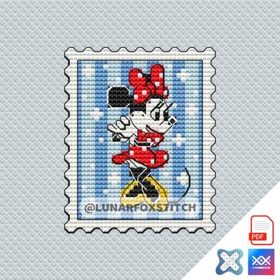 Mouse girl in red dress postage stamp cross stitch pattern