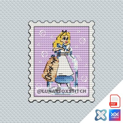 Drink me Alice postage stamp cross stitch pattern
