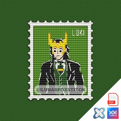 Loki postage stamp cross stitch pattern