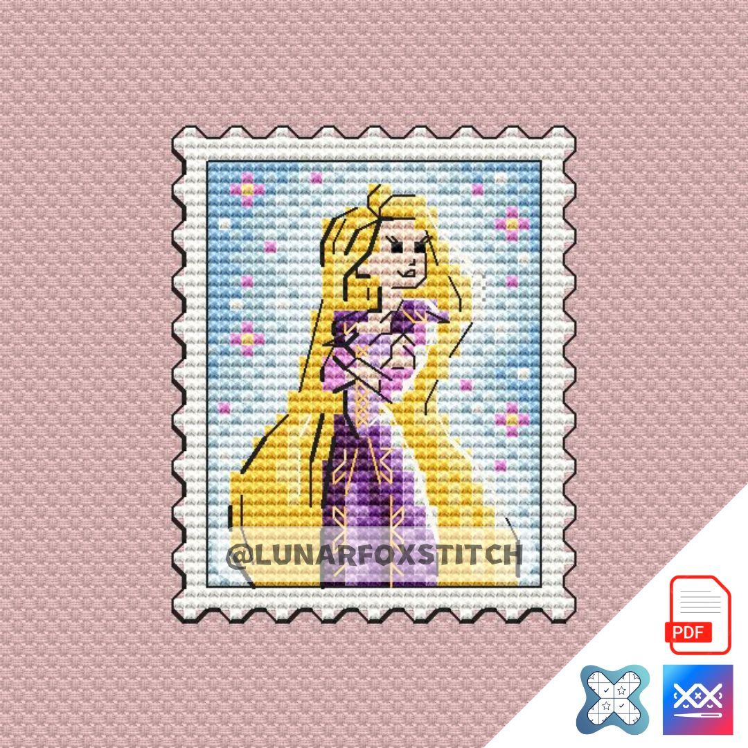Long hair princess postage stamp cross stitch pattern