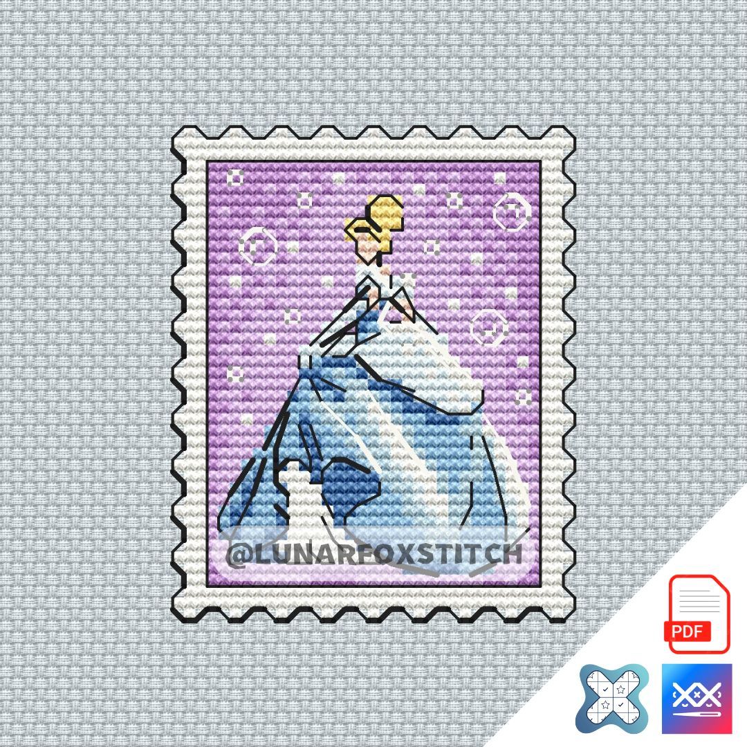 Princess in blue dress postage stamp cross stitch pattern