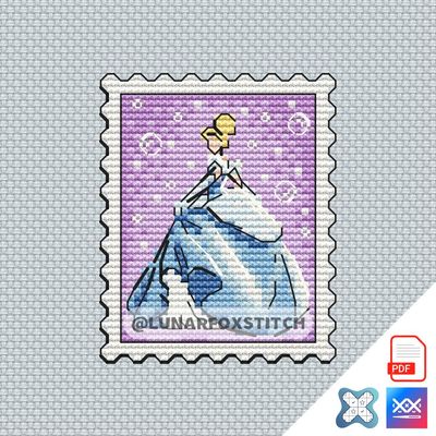 Princess in blue dress postage stamp cross stitch pattern