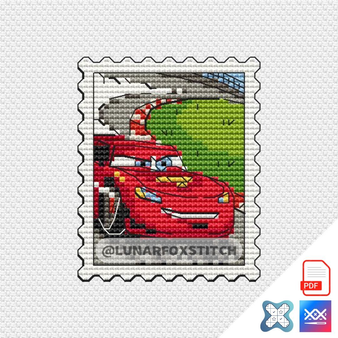 Red car postage stamp cross stitch pattern