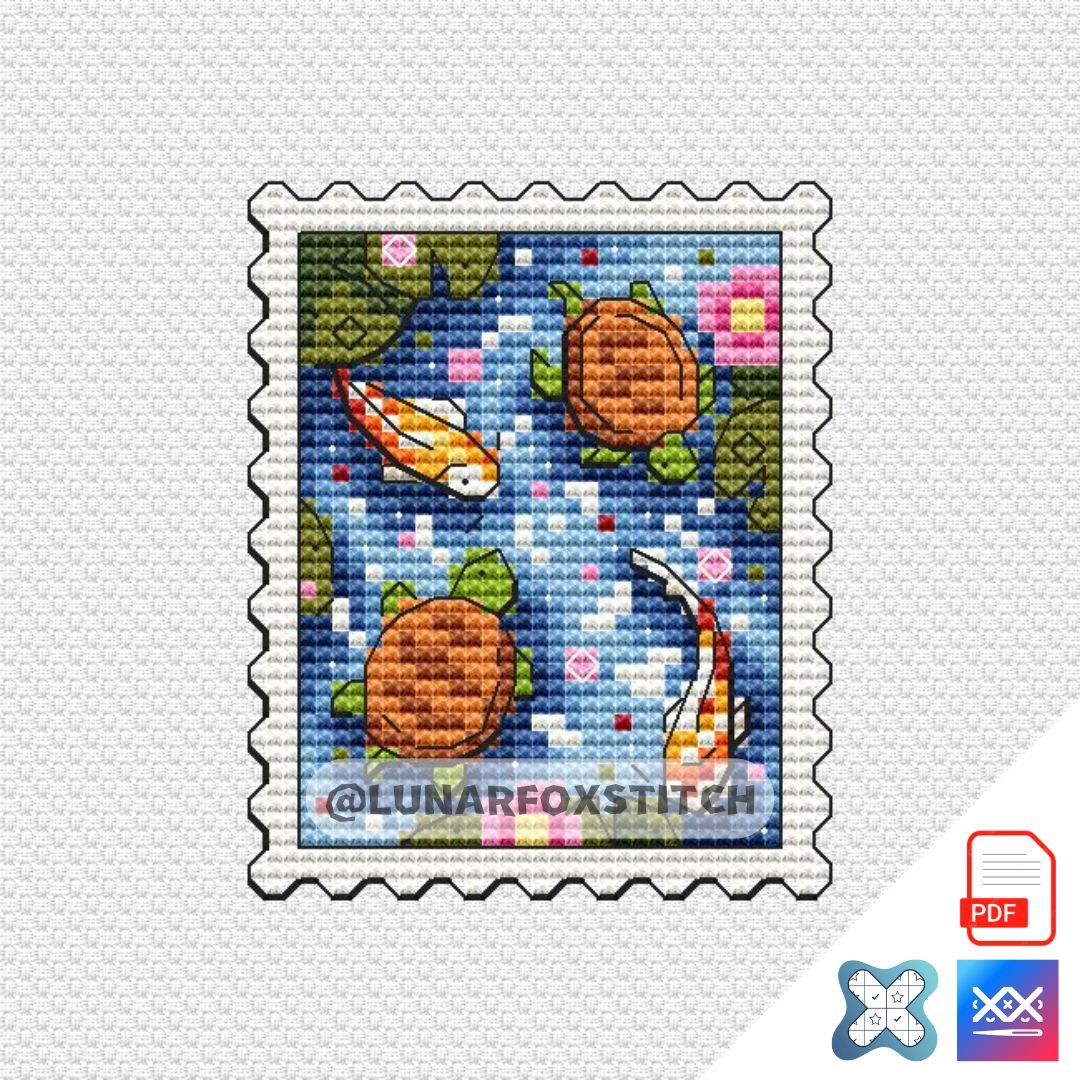 Koi and turtles postage stamp cross stitch pattern