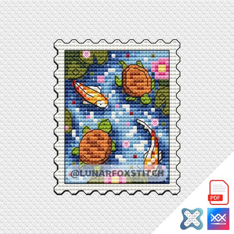 Koi and turtles postage stamp cross stitch pattern