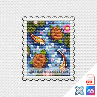 Koi and turtles postage stamp cross stitch pattern