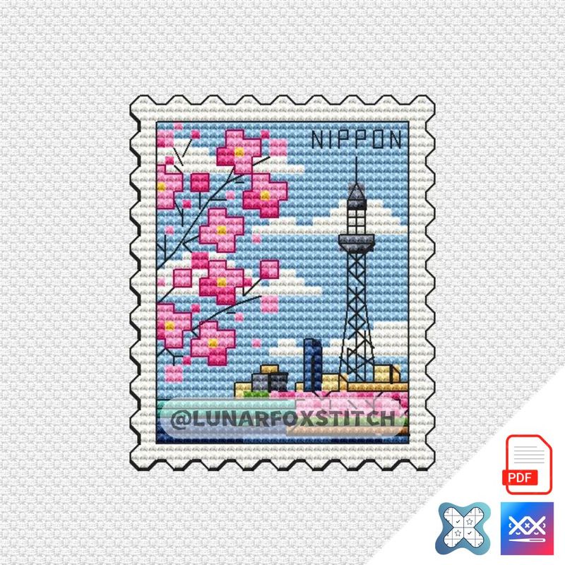 Tokyo Skytree postage stamp cross stitch pattern