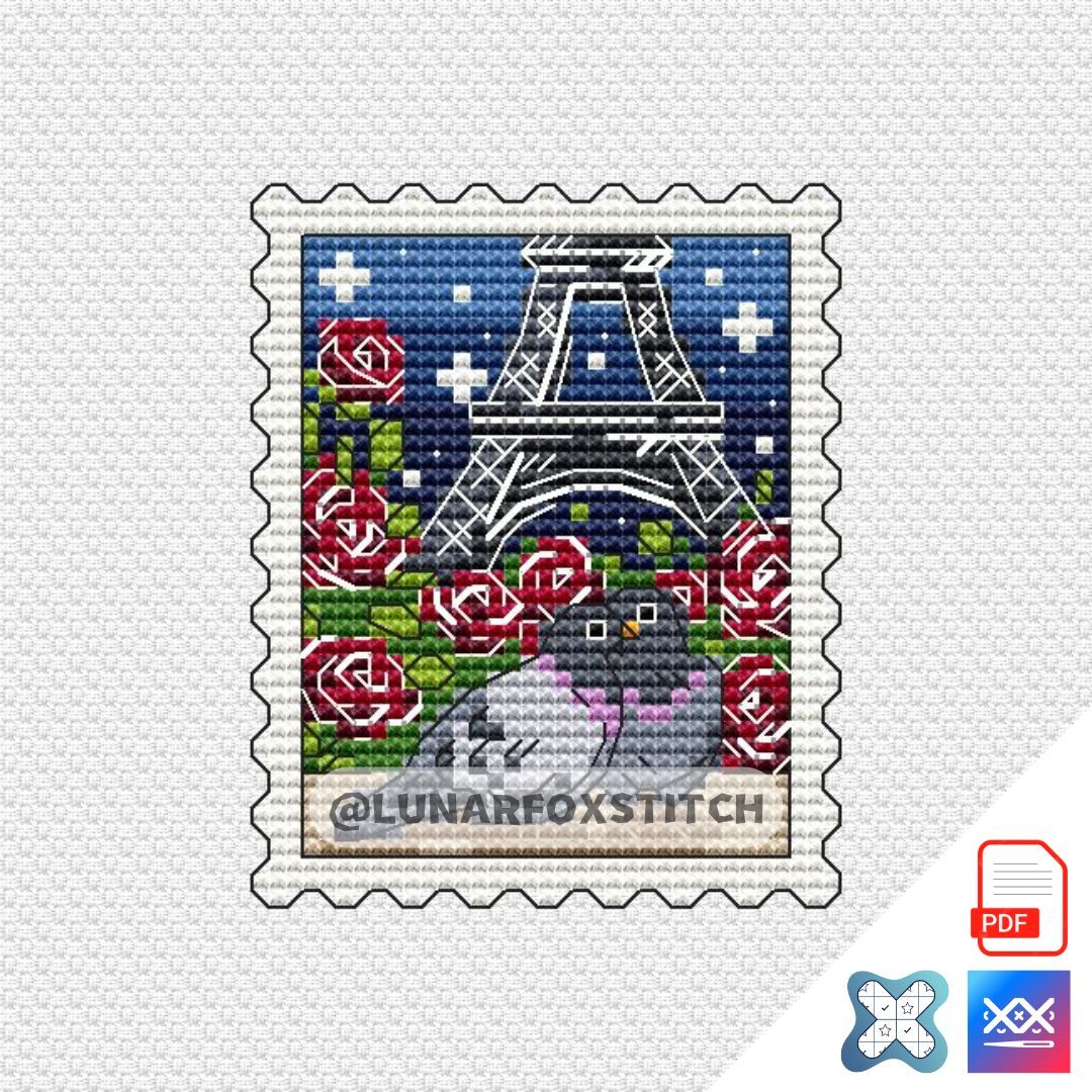 Love in France - Paris pigeon - postage stamp cross stitch pattern