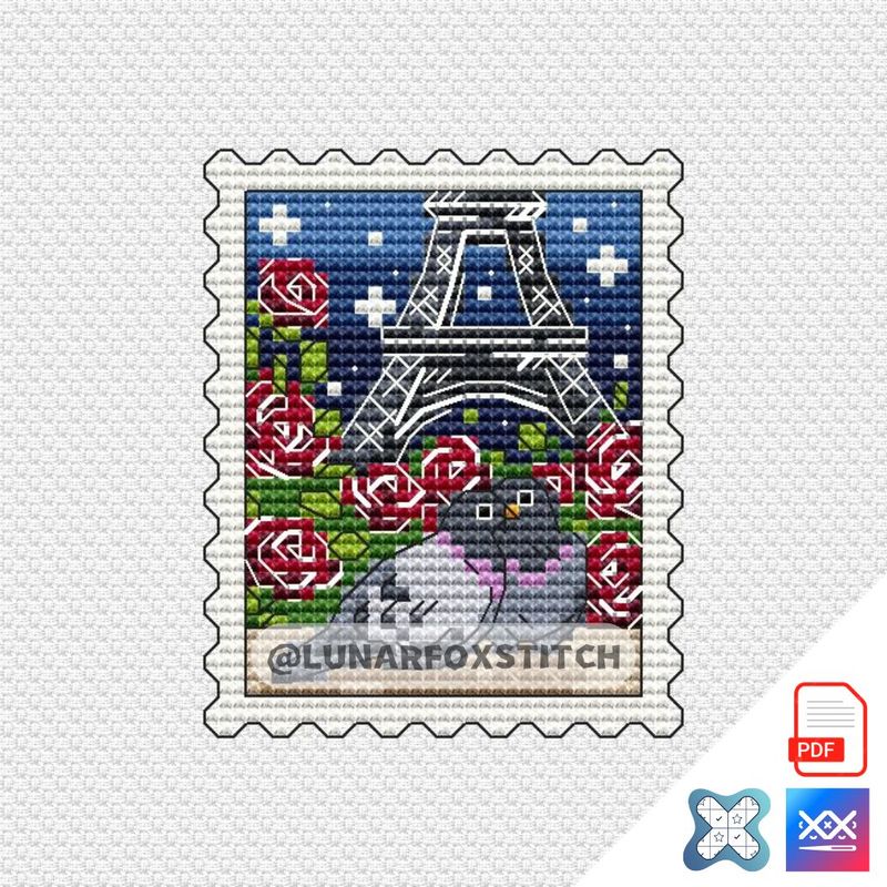 Love in France - Paris pigeon - postage stamp cross stitch pattern