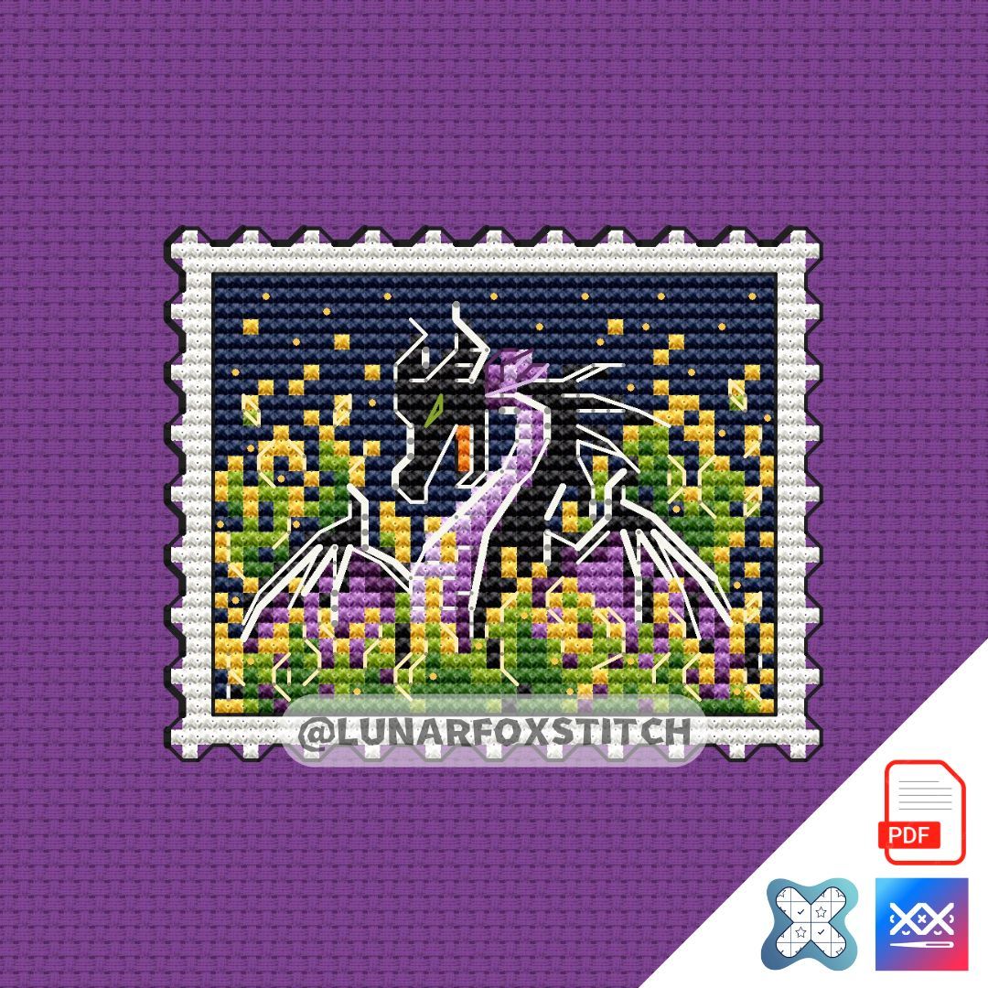 Black dragon postage stamp cross stitch pattern