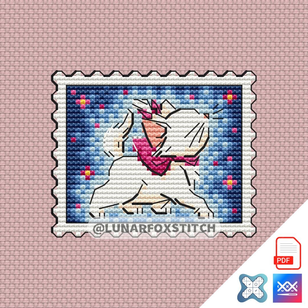 White cat postage stamp cross stitch pattern