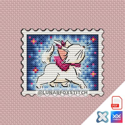 White cat postage stamp cross stitch pattern