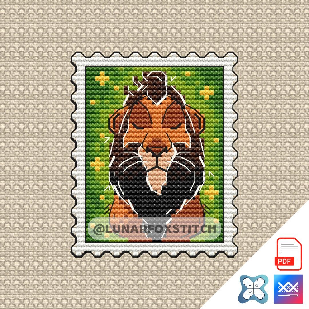 Lion postage stamp cross stitch pattern