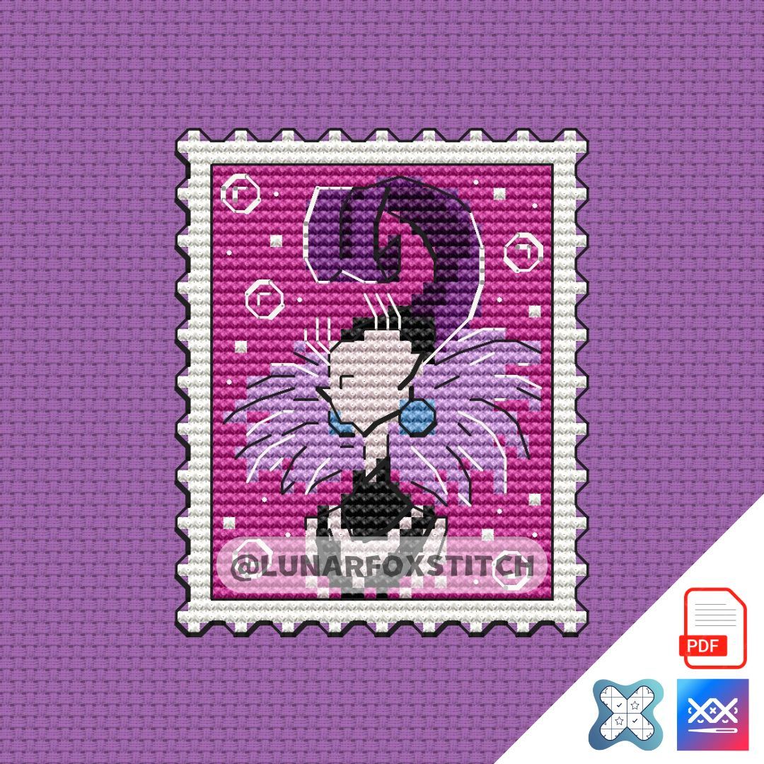 Purple villain woman postage stamp cross stitch pattern