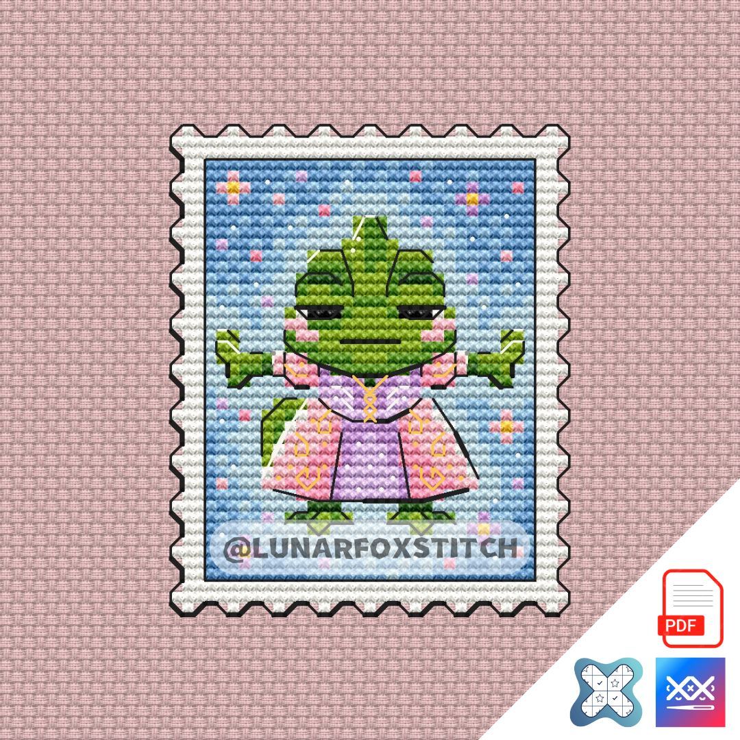 Chameleon in a dress postage stamp cross stitch pattern