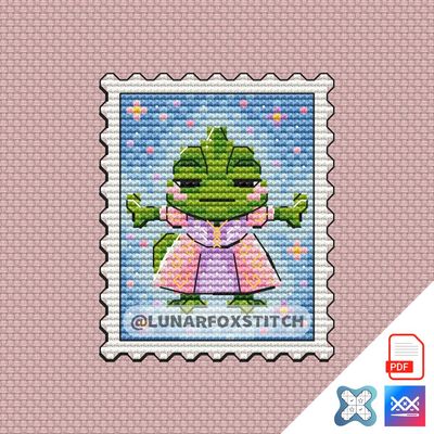Chameleon in a dress postage stamp cross stitch pattern