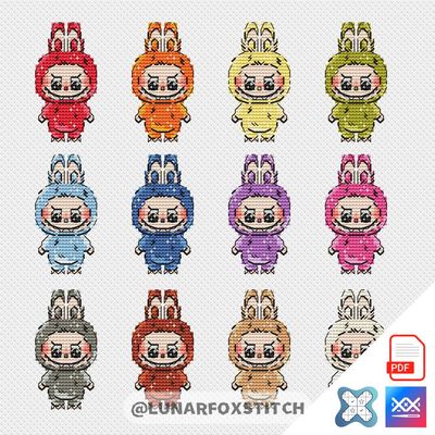 Furry monster stamp cross stitch pattern + 12 colors set
