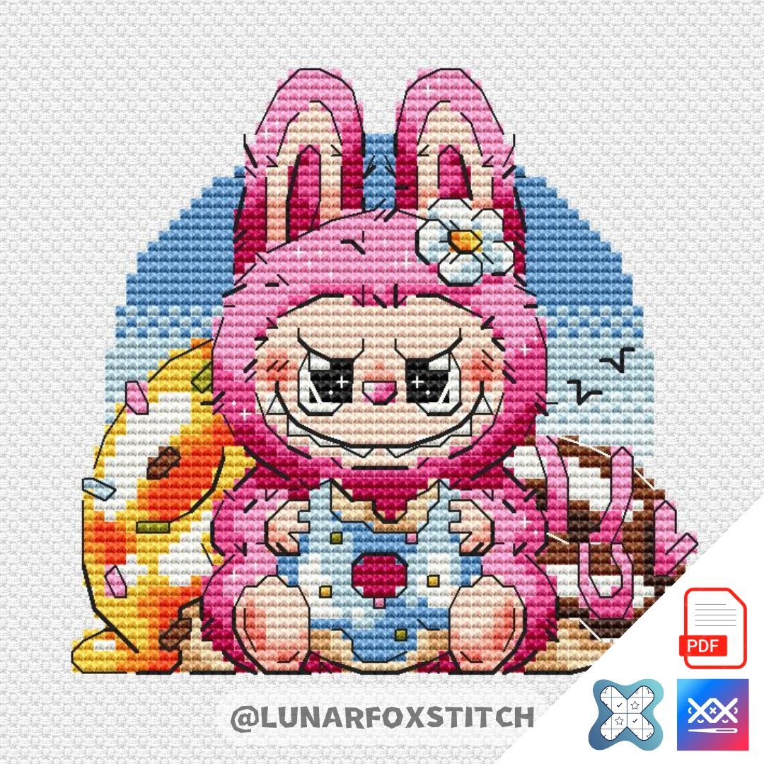 Furry monster and donuts cross stitch pattern
