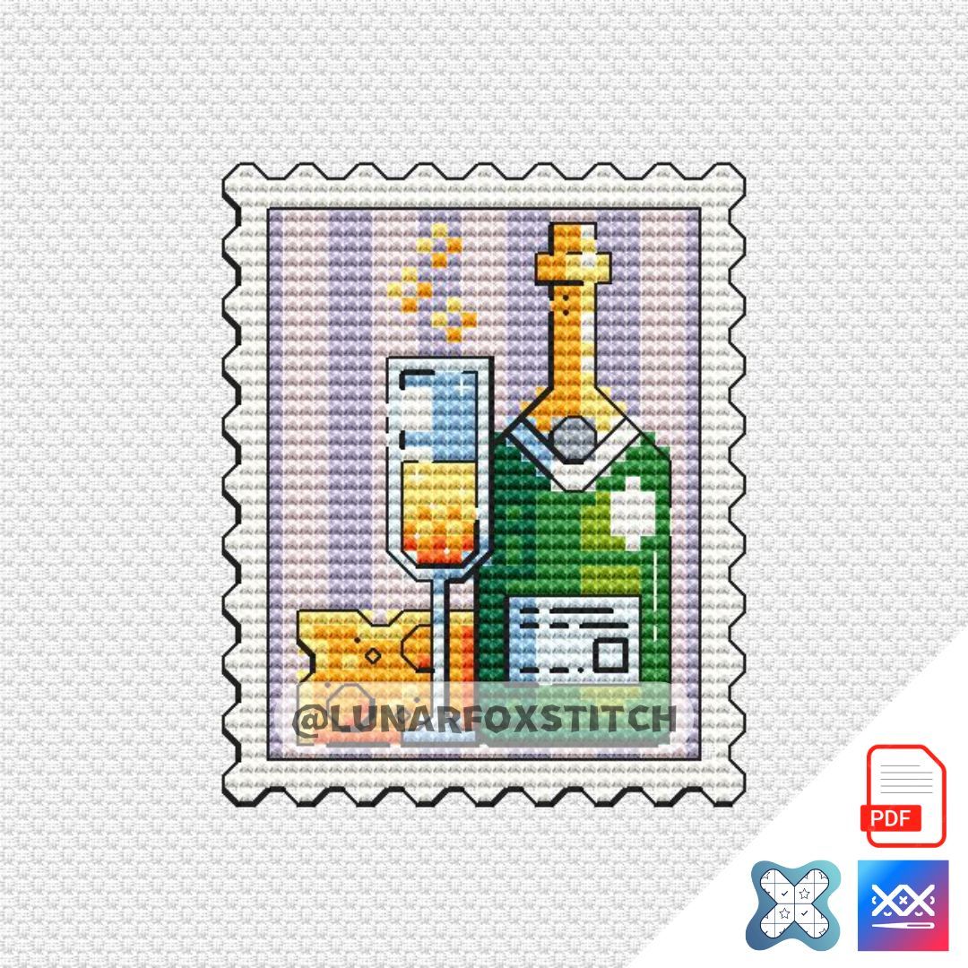 Champagne and cheese postage stamp cross stitch pattern