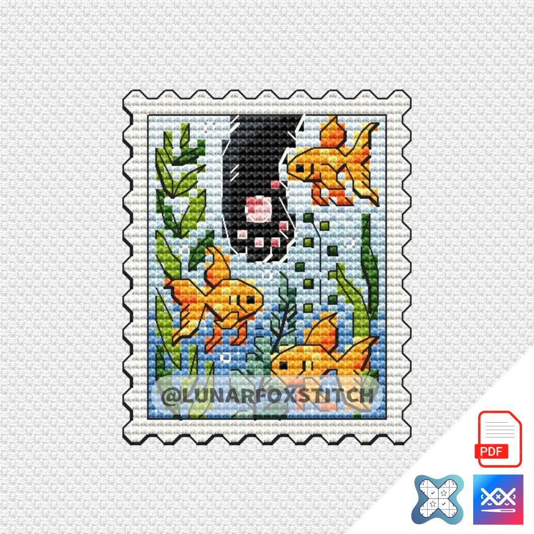 Golden fish and cat postage stamp cross stitch pattern