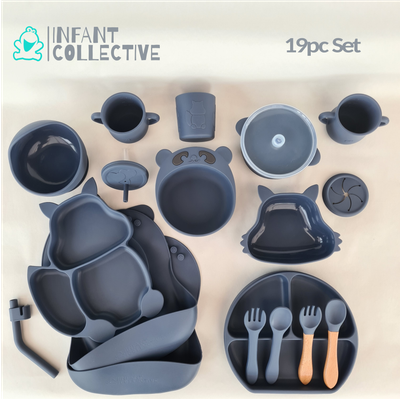 Large Silicone Baby Feeding Set, Dark Blue, 19pc