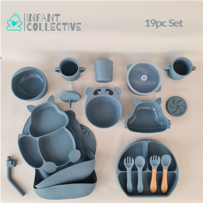 Infant Collective, Baby Large Silicone Feeding Set, Light Blue, 19pc