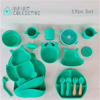 Infant Collective, Baby Large Silicone Feeding Set, Green, 19pc