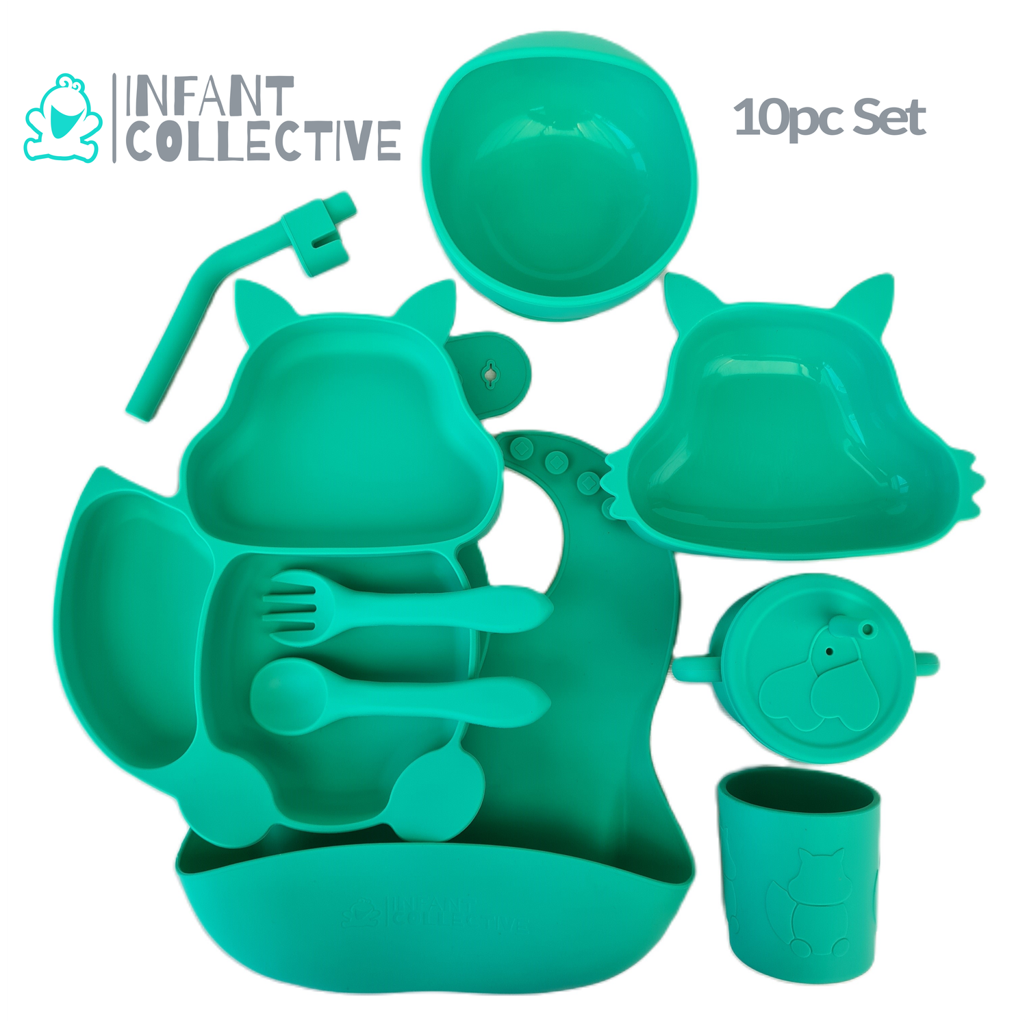 Infant Collective, Baby Medium Silicone Feeding Set, Green, 10pc