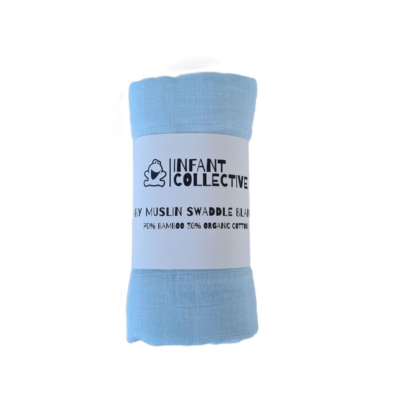Infant Collective, Extra Large, Baby Muslin, Swaddle, Cloth, 100% Organic Cotton (70% Bamboo/30% Cotton) 120x120cm Blue
