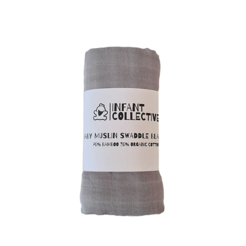 Infant Collective, Extra Large Baby Muslin, Swaddle, Cloth, 100% Organic Cotton (70% Bamboo/30% Cotton) 120x120cm Grey