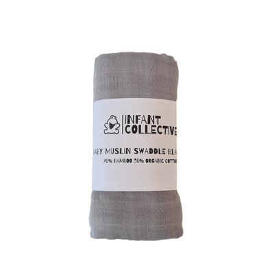 Infant Collective, Extra Large Baby Muslin, Swaddle, Cloth, 100% Organic Cotton (70% Bamboo/30% Cotton) 120x120cm Grey