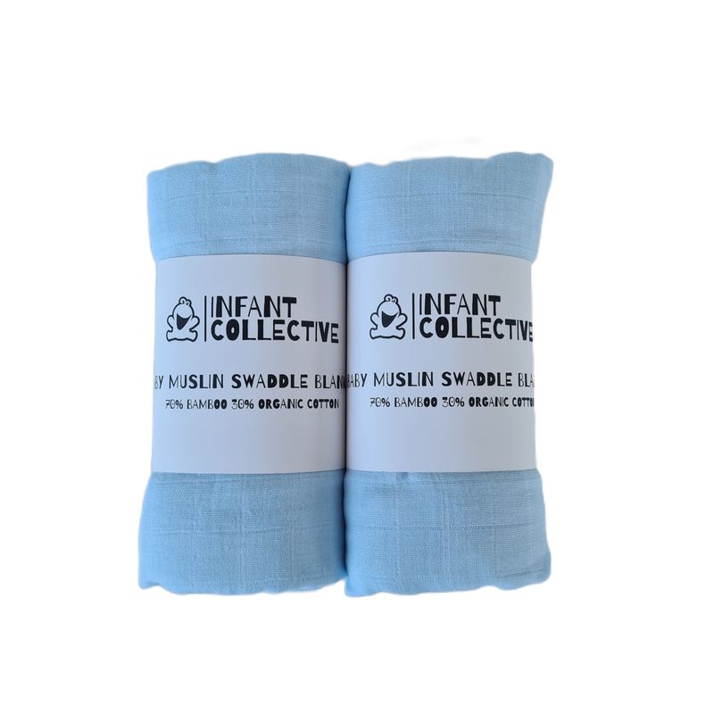 Infant Collective, Extra Large Baby Muslin, Swaddle, Cloth, 100% Organic Cotton (70% Bamboo/30% Cotton) 120x120cm Blue x2