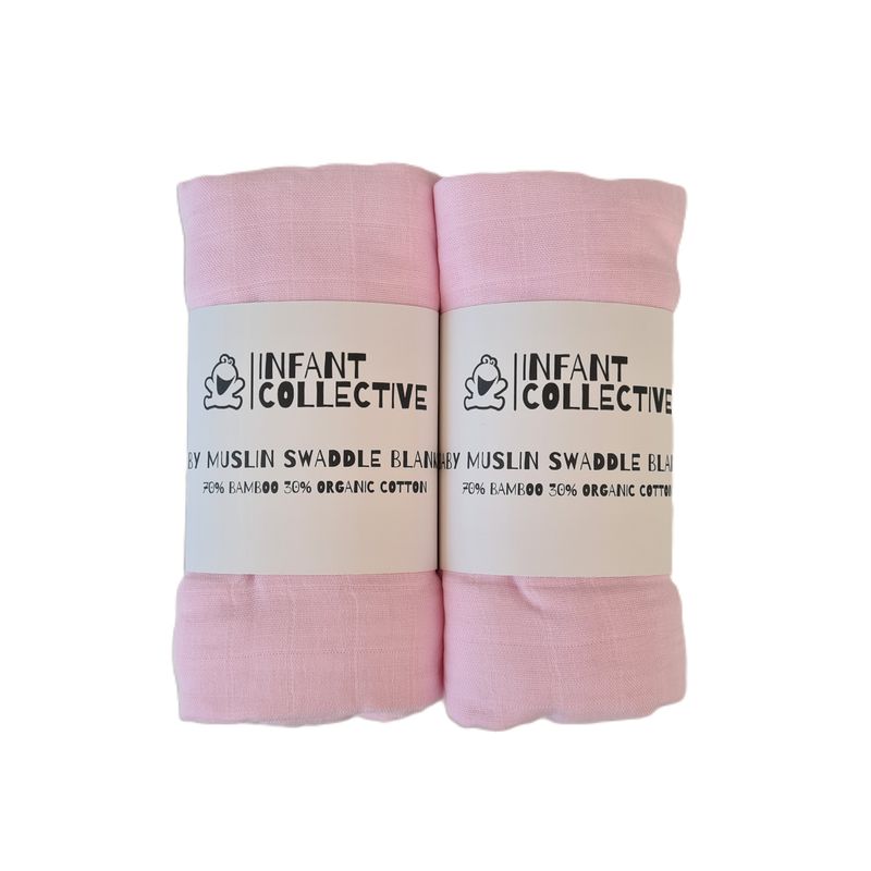 Infant Collective, Extra Large Baby Muslin, Swaddle, Cloth, 100% Organic Cotton (70% Bamboo/30% Cotton) 120x120cm Pink x2