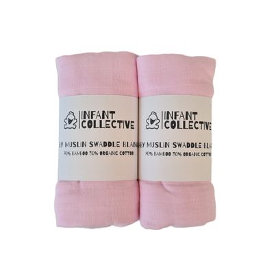 Infant Collective, Extra Large Baby Muslin, Swaddle, Cloth, 100% Organic Cotton (70% Bamboo/30% Cotton) 120x120cm Pink x2