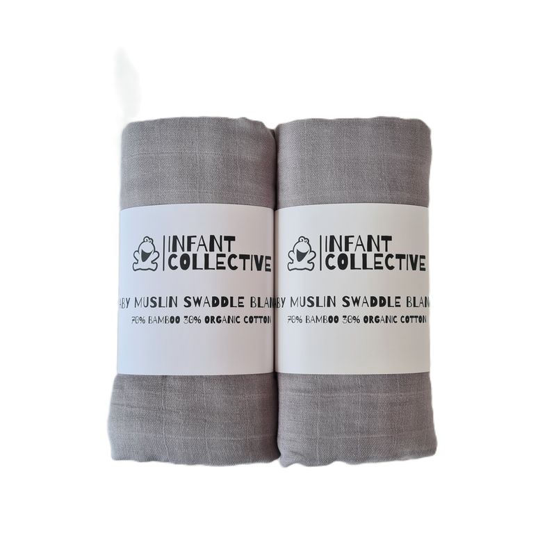 Infant Collective, Extra Large Baby Muslin, Swaddle, Cloth, 100% Organic Cotton (70% Bamboo/30% Cotton) 120x120cm Grey x2