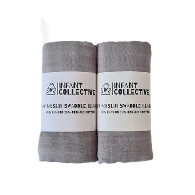 Infant Collective, Extra Large Baby Muslin, Swaddle, Cloth, 100% Organic Cotton (70% Bamboo/30% Cotton) 120x120cm Grey x2