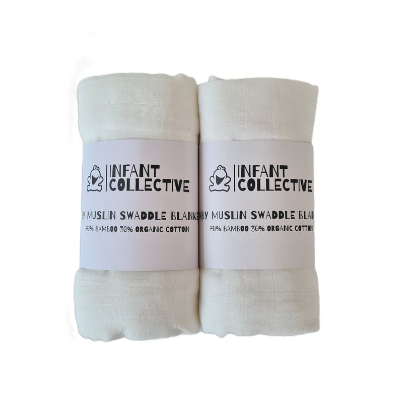 Infant Collective, Extra Large Baby Muslin, Swaddle, Cloth, 100% Organic Cotton (70% Bamboo/30% Cotton) 120x120cm White x2