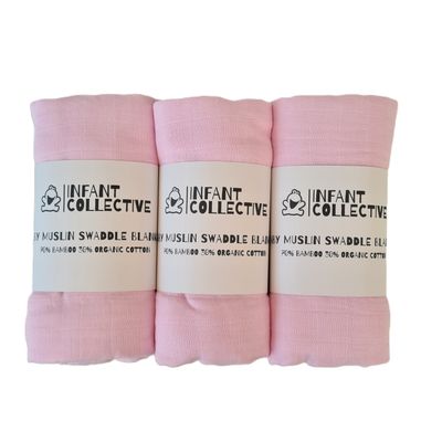 Infant Collective, Extra Large Baby Muslin, Swaddle, Cloth, 100% Organic Cotton (70% Bamboo/30% Cotton) 120x120cm Pink x3