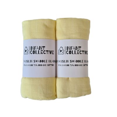 Infant Collective, Extra Large Baby Muslin, Swaddle, Cloth, 100% Organic Cotton (70% Bamboo/30% Cotton) 120x120cm Yellow x2