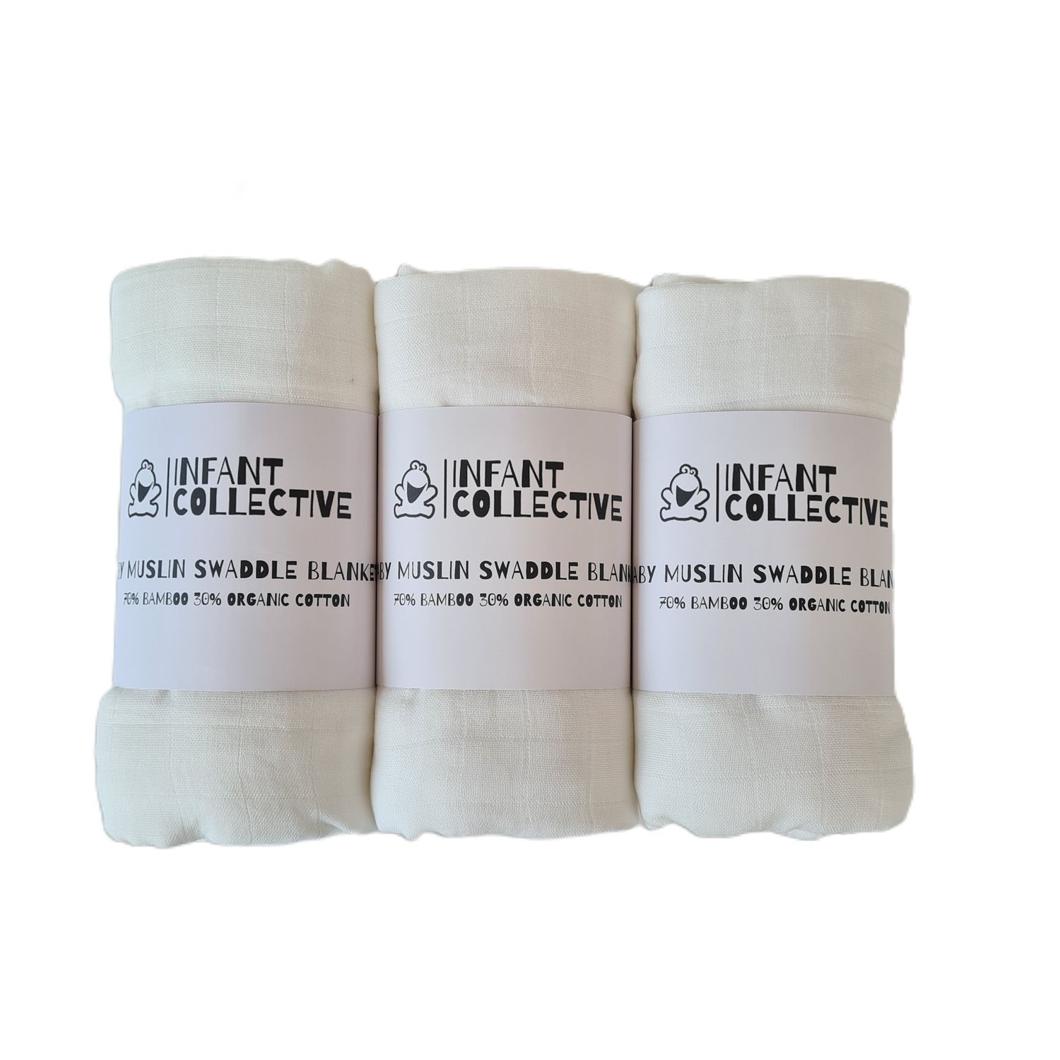 Infant Collective, Extra Large Baby Muslin, Swaddle, Cloth, 100% Organic Cotton (70% Bamboo/30% Cotton) 120x120cm White x3