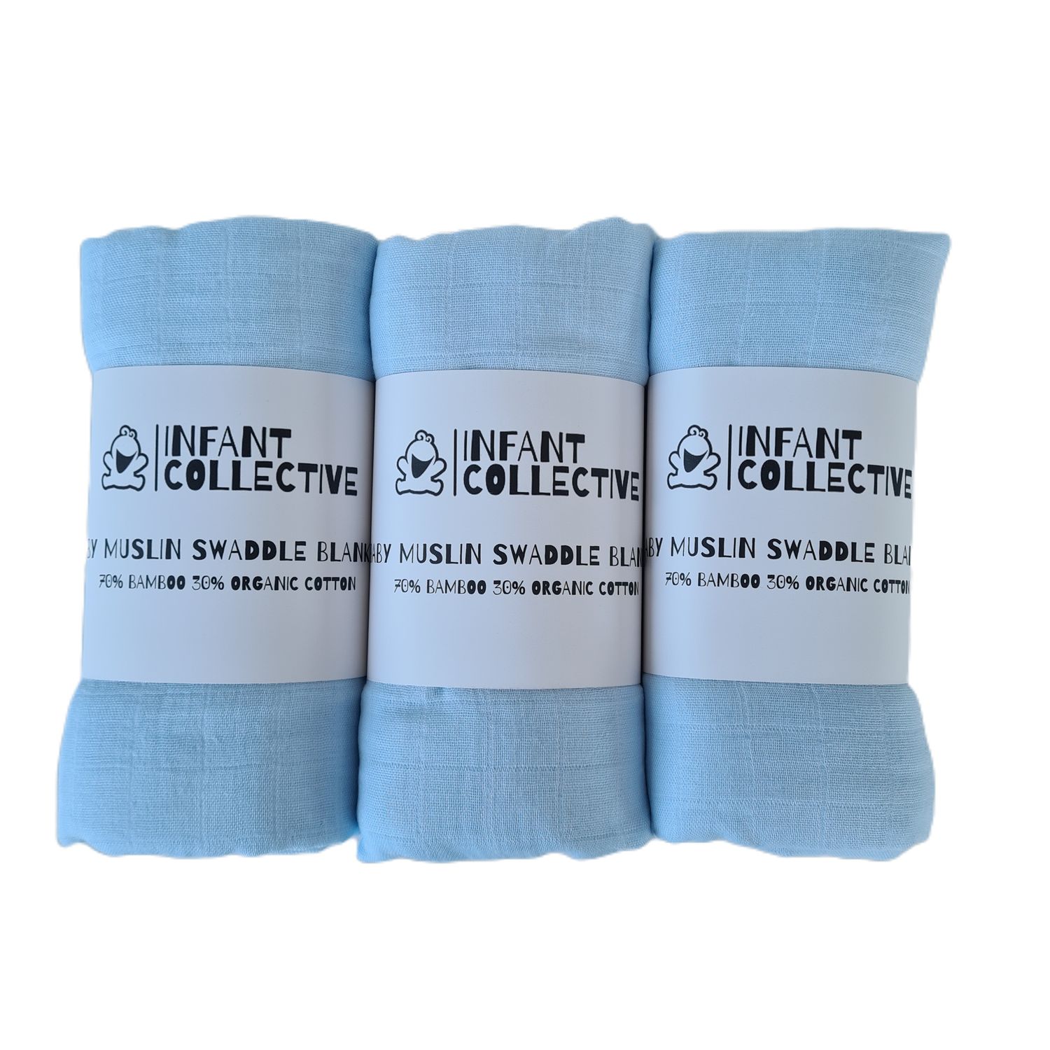 Infant Collective, Extra Large Baby Muslin, Swaddle, Cloth, 100% Organic Cotton (70% Bamboo/30% Cotton) 120x120cm Blue x3