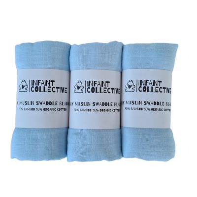 Infant Collective, Extra Large Baby Muslin, Swaddle, Cloth, 100% Organic Cotton (70% Bamboo/30% Cotton) 120x120cm Blue x3