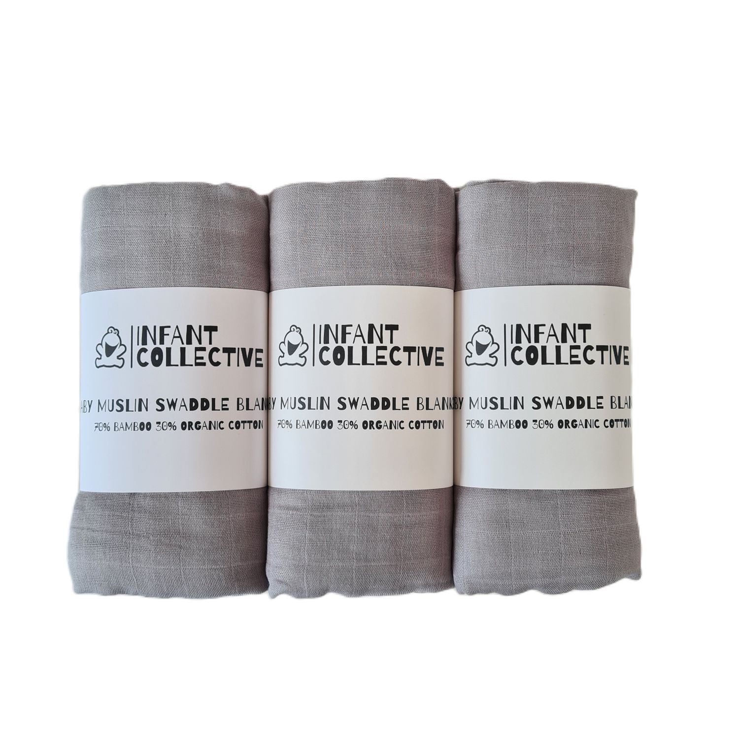 Infant Collective, Extra Large Baby Muslin, Swaddle, Cloth, 100% Organic Cotton (70% Bamboo/30% Cotton) 120x120cm Grey x3