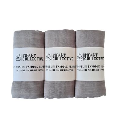 Infant Collective, Extra Large Baby Muslin, Swaddle, Cloth, 100% Organic Cotton (70% Bamboo/30% Cotton) 120x120cm Grey x3