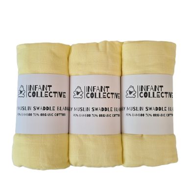 Infant Collective, Extra Large Baby Muslin, Swaddle, Cloth, 100% Organic Cotton (70% Bamboo/30% Cotton) 120x120cm Yellow x3