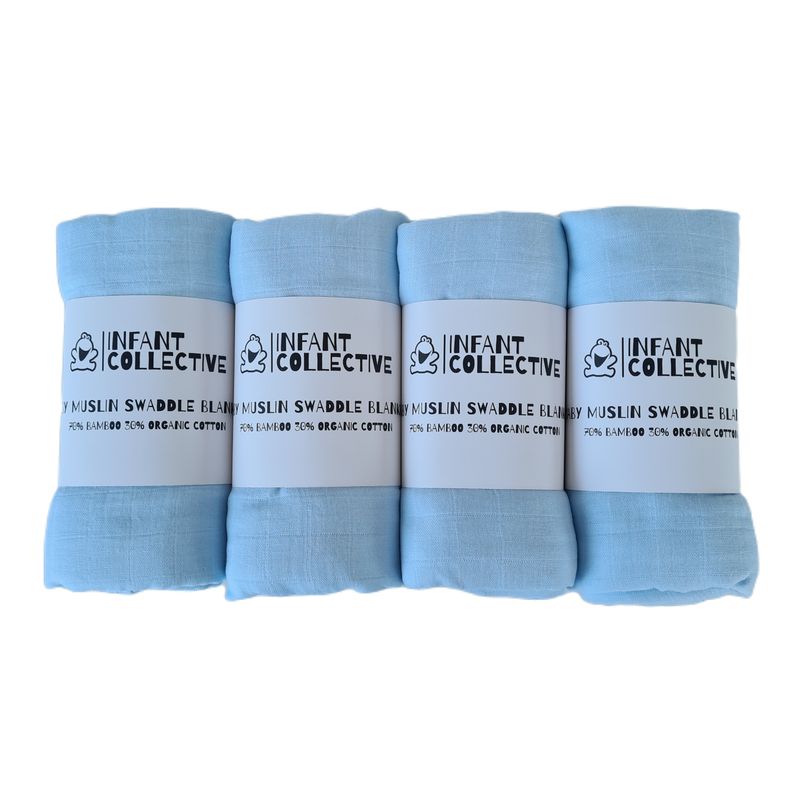Infant Collective, Extra Large Baby Muslin, Swaddle, Cloth, 100% Organic Cotton (70% Bamboo/30% Cotton) 120x120cm Blue x4