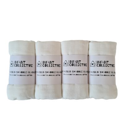 Infant Collective, Extra Large Baby Muslin, Swaddle, Cloth, 100% Organic Cotton (70% Bamboo/30% Cotton) 120x120cm White x4