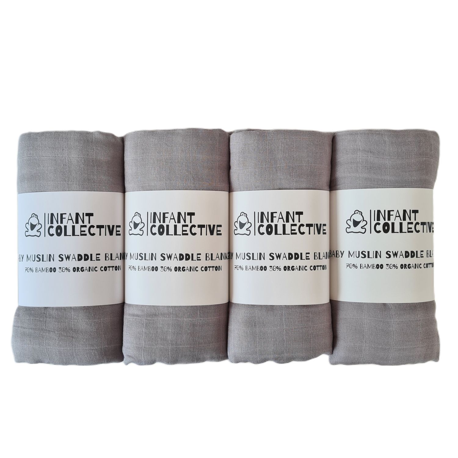 Infant Collective, Extra Large Baby Muslin, Swaddle, Cloth, 100% Organic Cotton (70% Bamboo/30% Cotton) 120x120cm Grey x4