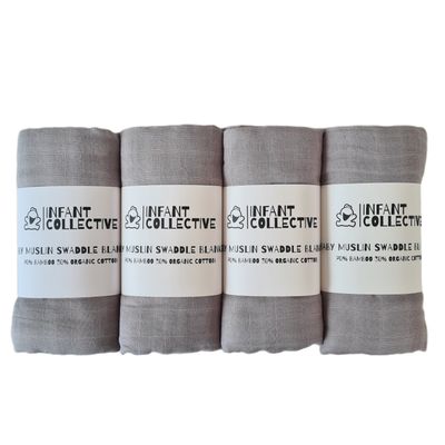 Infant Collective, Extra Large Baby Muslin, Swaddle, Cloth, 100% Organic Cotton (70% Bamboo/30% Cotton) 120x120cm Grey x4