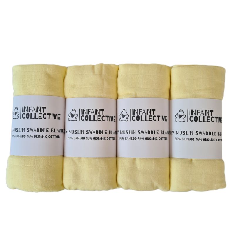 Infant Collective, Extra Large Baby Muslin, Swaddle, Cloth, 100% Organic Cotton (70% Bamboo/30% Cotton) 120x120cm Yellow x4